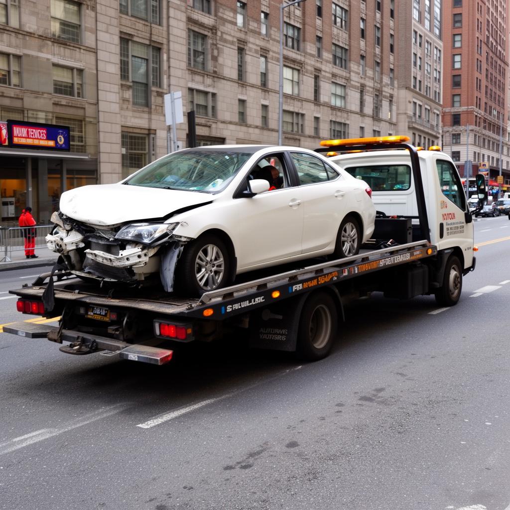 Mașină tractată pe platformă